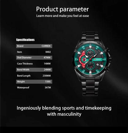 CURREN New Chronograph Men Watches for Sport Casual Stainless Steel Luminous Wristwatches for Male Creative Design Quartz Clock