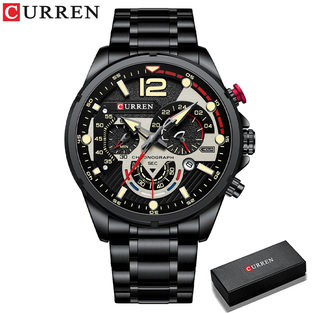 CURREN Fashion Quartz Watches Men Casual Sport Wristwatch with Stainless Steel Chronograph Dial Clock with Luminous