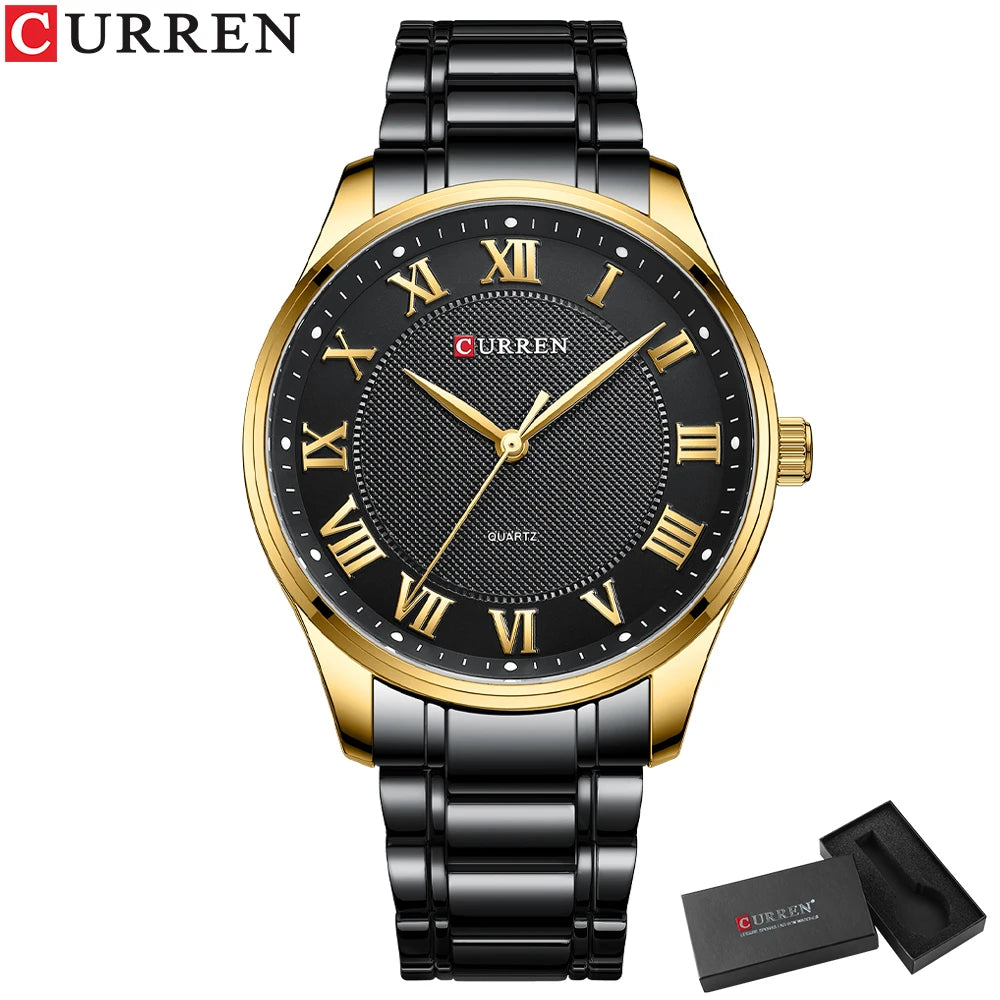 CURREN New Simple Business Watch for Man with Stainless Steel Band Casual Quartz Wristwatches for Men Clock Gold Black