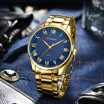 CURREN New Simple Business Watch for Man with Stainless Steel Band Casual Quartz Wristwatches for Men Clock Gold Black