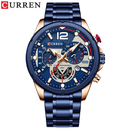 CURREN Fashion Quartz Watches Men Casual Sport Wristwatch with Stainless Steel Chronograph Dial Clock with Luminous