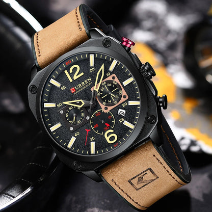 CURREN Brand Luxury Men Brown Quartz Wristwatches for Male Luminous Chronograph Dial Leather Clock Casual Sports Watch