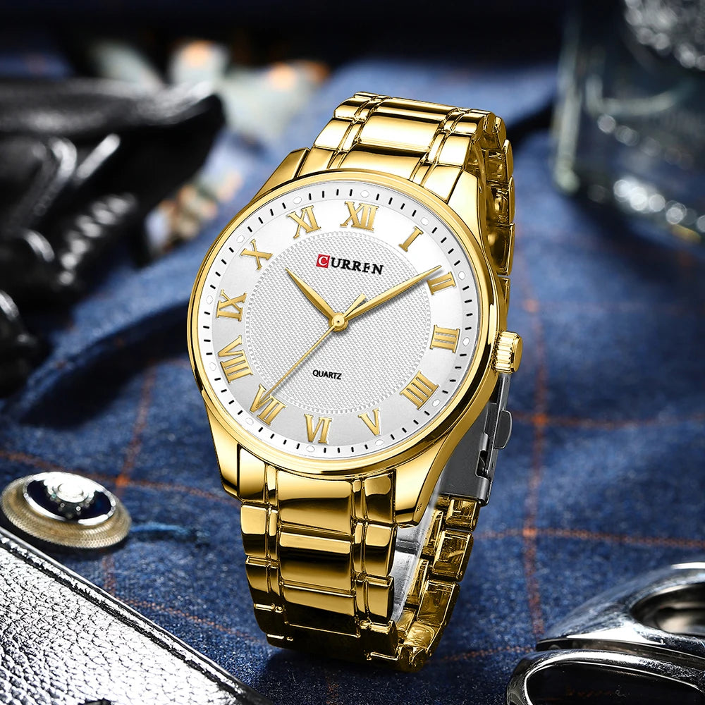 CURREN New Simple Business Watch for Man with Stainless Steel Band Casual Quartz Wristwatches for Men Clock Gold Black