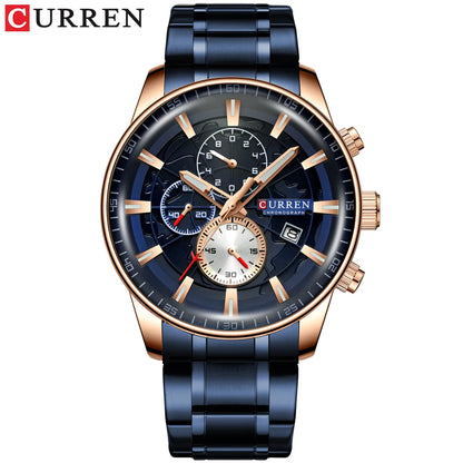 CURREN Watches Mens Fashion Sports Wristwatch with Chronograph Luminous hands Clock Male Watch Blue Stainless Steel Band