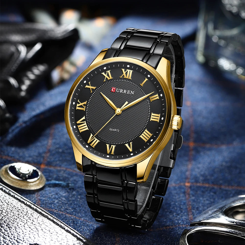 CURREN New Simple Business Watch for Man with Stainless Steel Band Casual Quartz Wristwatches for Men Clock Gold Black