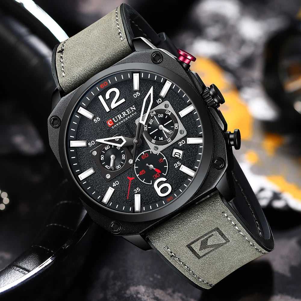 CURREN Brand Luxury Men Brown Quartz Wristwatches for Male Luminous Chronograph Dial Leather Clock Casual Sports Watch