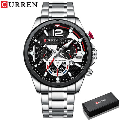 CURREN Fashion Quartz Watches Men Casual Sport Wristwatch with Stainless Steel Chronograph Dial Clock with Luminous