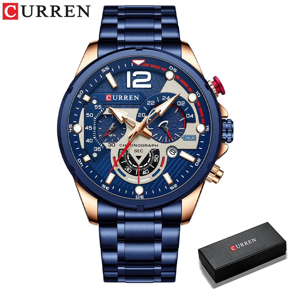 CURREN Fashion Quartz Watches Men Casual Sport Wristwatch with Stainless Steel Chronograph Dial Clock with Luminous