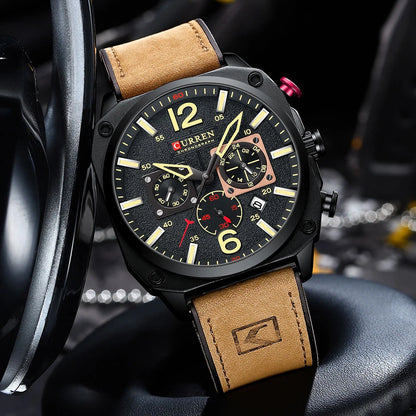 CURREN Brand Luxury Men Brown Quartz Wristwatches for Male Luminous Chronograph Dial Leather Clock Casual Sports Watch