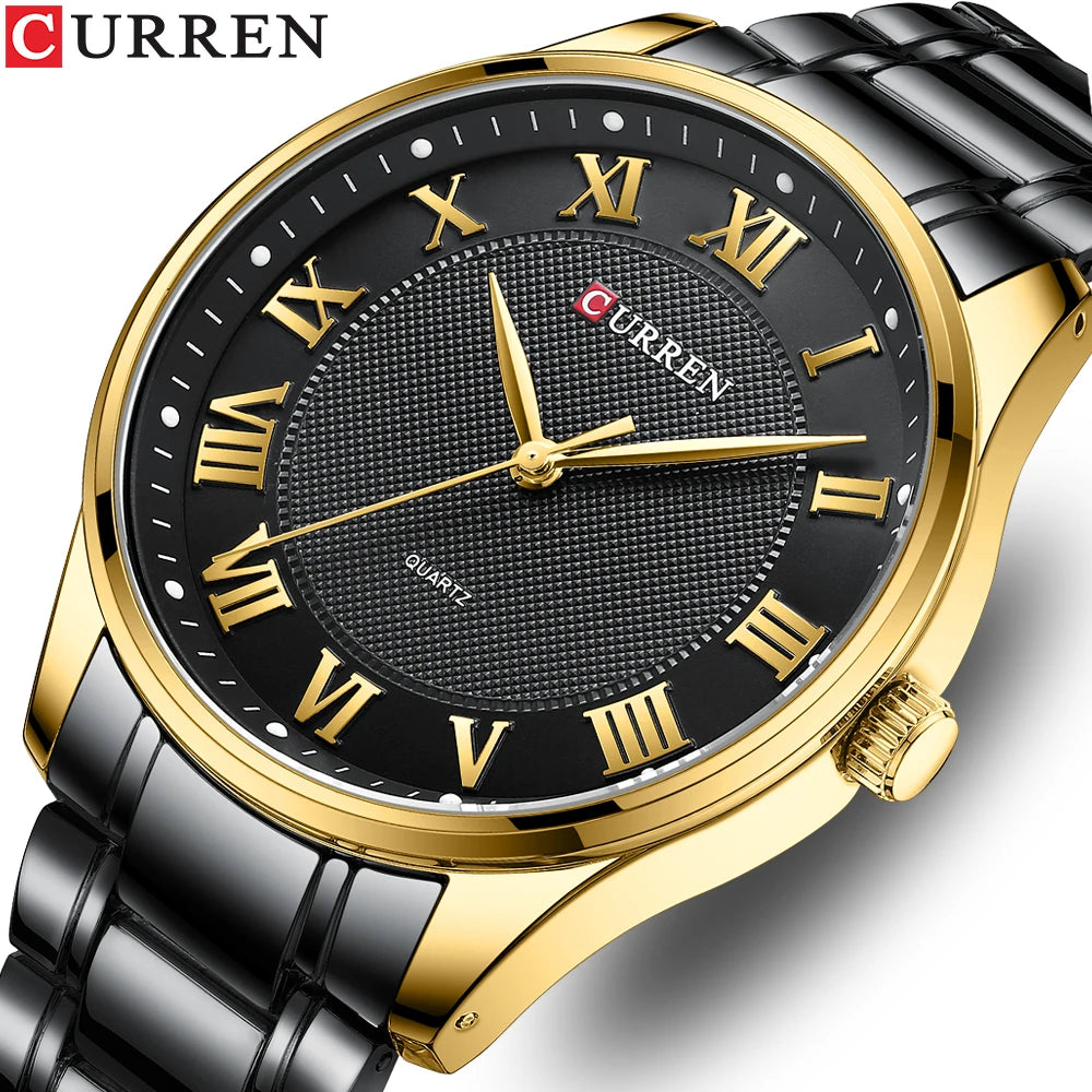 CURREN New Simple Business Watch for Man with Stainless Steel Band Casual Quartz Wristwatches for Men Clock Gold Black