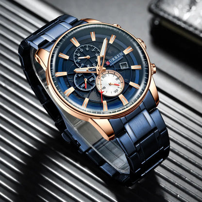 CURREN Watches Mens Fashion Sports Wristwatch with Chronograph Luminous hands Clock Male Watch Blue Stainless Steel Band