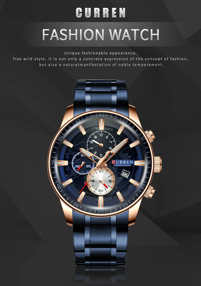 CURREN Watches Mens Fashion Sports Wristwatch with Chronograph Luminous hands Clock Male Watch Blue Stainless Steel Band