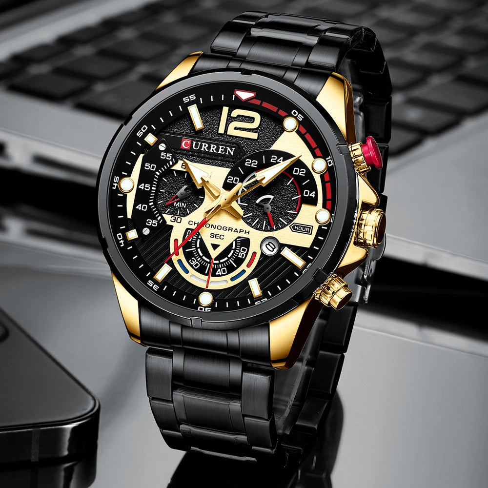 CURREN Fashion Quartz Watches Men Casual Sport Wristwatch with Stainless Steel Chronograph Dial Clock with Luminous