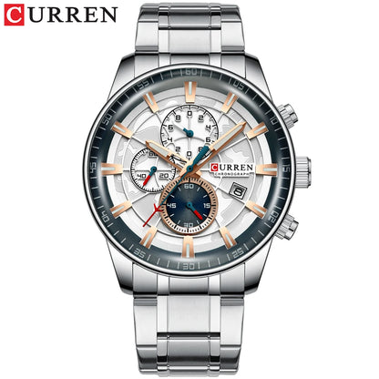 CURREN Watches Mens Fashion Sports Wristwatch with Chronograph Luminous hands Clock Male Watch Blue Stainless Steel Band