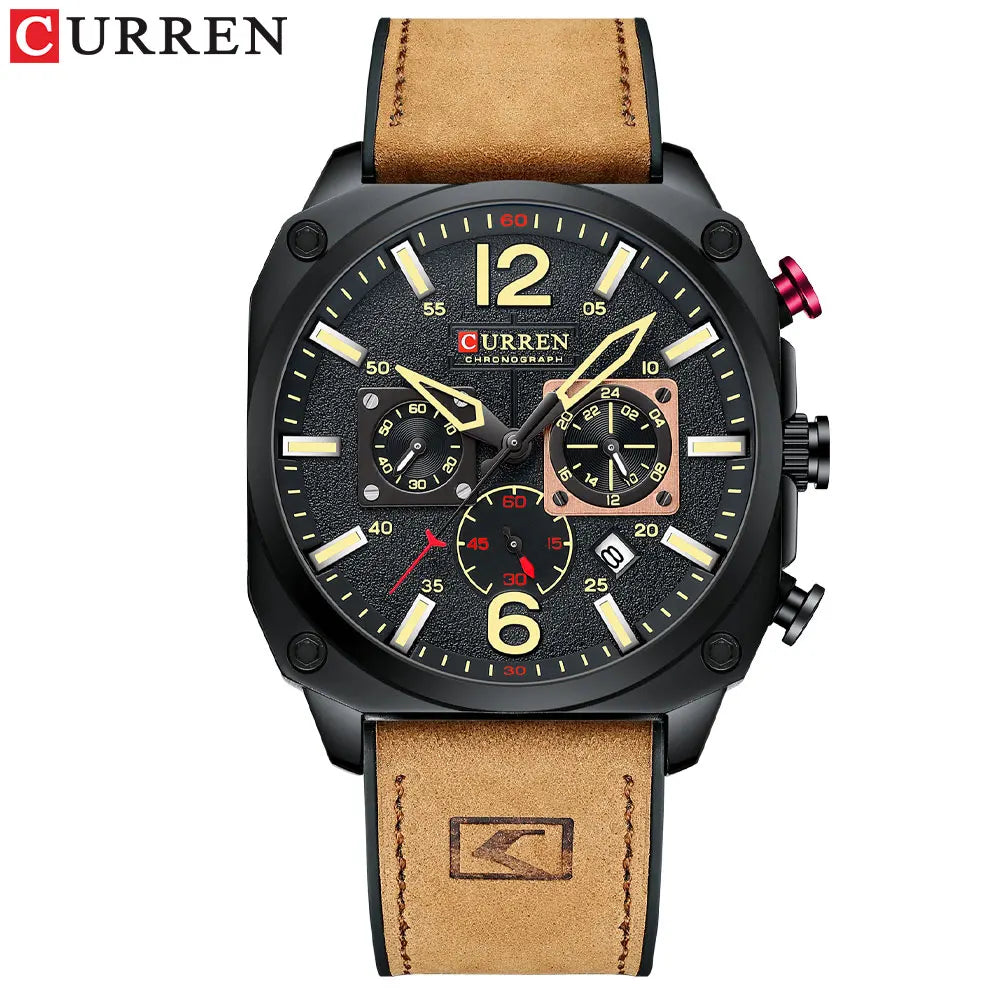 CURREN Brand Luxury Men Brown Quartz Wristwatches for Male Luminous Chronograph Dial Leather Clock Casual Sports Watch