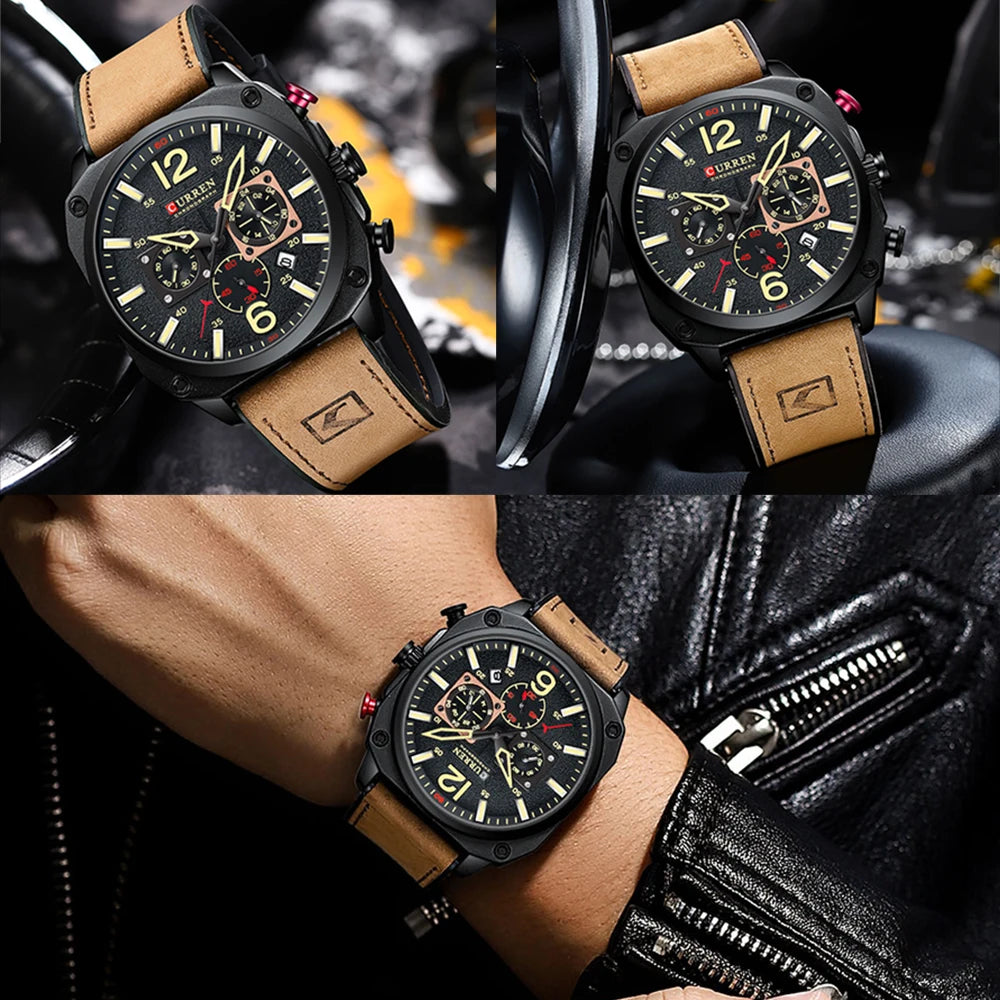 CURREN Brand Luxury Men Brown Quartz Wristwatches for Male Luminous Chronograph Dial Leather Clock Casual Sports Watch