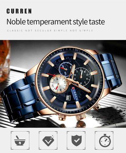 CURREN Watches Mens Fashion Sports Wristwatch with Chronograph Luminous hands Clock Male Watch Blue Stainless Steel Band