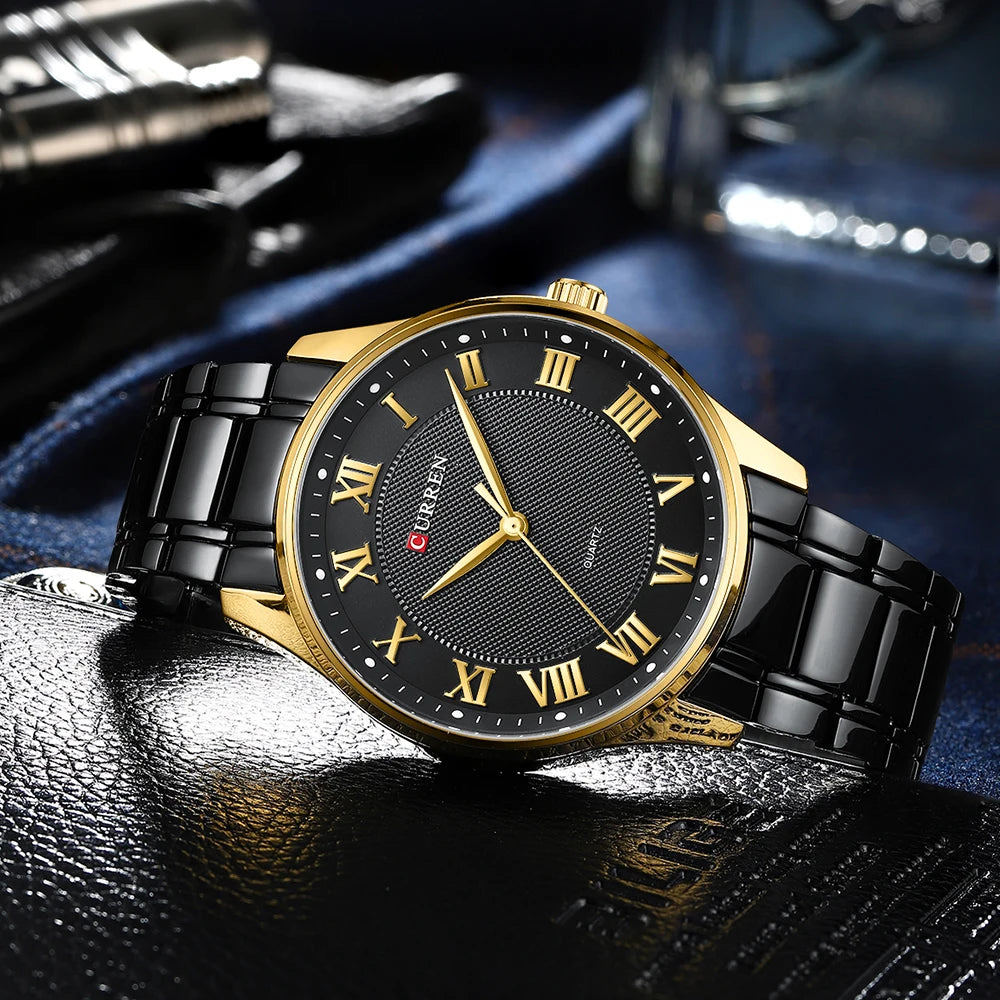 CURREN New Simple Business Watch for Man with Stainless Steel Band Casual Quartz Wristwatches for Men Clock Gold Black