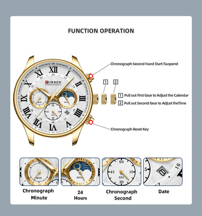 CURREN Casual New Men's Watches with Date Classic Chronograph Stainless Steel Wristwatches with Luminous Hands Male Clock