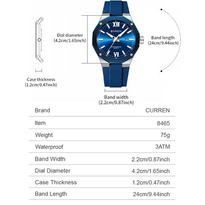 CURREN  Watches For Men  Silicone Strap Sport Quartz Watches Fashion Bracelet  Luxury Wristwatches with Auto Date Waterproof