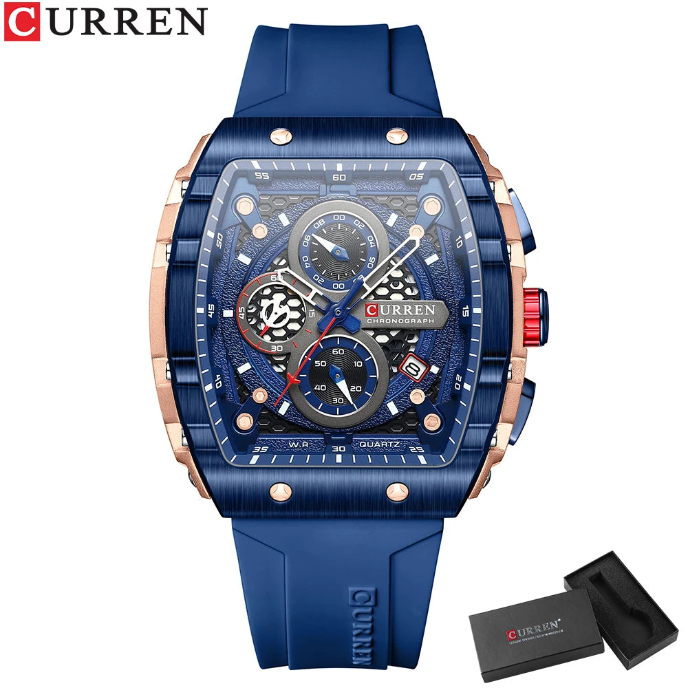 CURREN Sport Chronograph Quartz Watch for Men Fashion Blue Silicone Strap Tonneau Dial Wristwatch with Date 3atm Waterproof