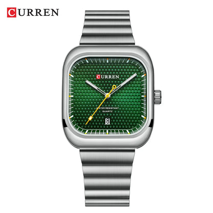 CURREN Simple Business Square Quartz Watches Casual Stainless Steel Bracelet Wristwatch with Auto Date for Men