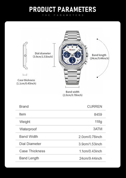 CURREN Fashion Sports Watches Brand Creative Multifunctional Design Dial with Luminous Hands Stainless Steel Bracelet