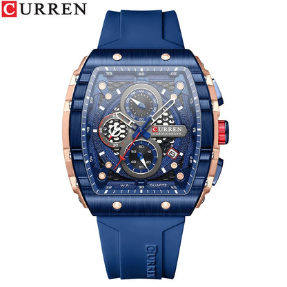 CURREN Sport Chronograph Quartz Watch for Men Fashion Blue Silicone Strap Tonneau Dial Wristwatch with Date 3atm Waterproof