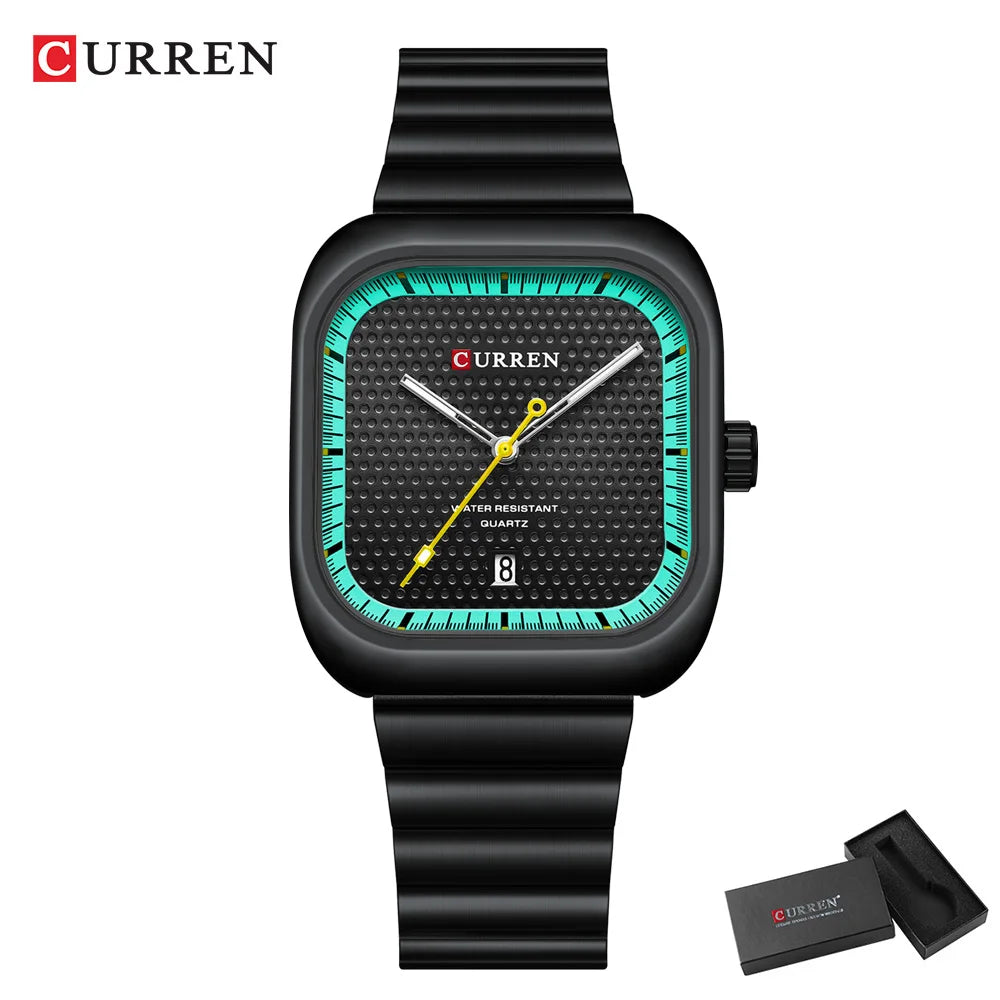 CURREN Fashion Square Men's Business Quartz Watch Stainless Steel Luminous Calendar Clock Male 36MM Large Dial Sports Wristwatch