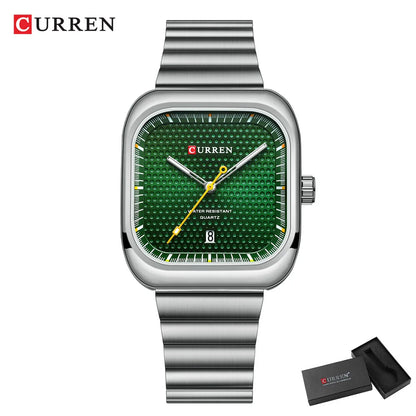 CURREN Fashion Square Men's Business Quartz Watch Stainless Steel Luminous Calendar Clock Male 36MM Large Dial Sports Wristwatch