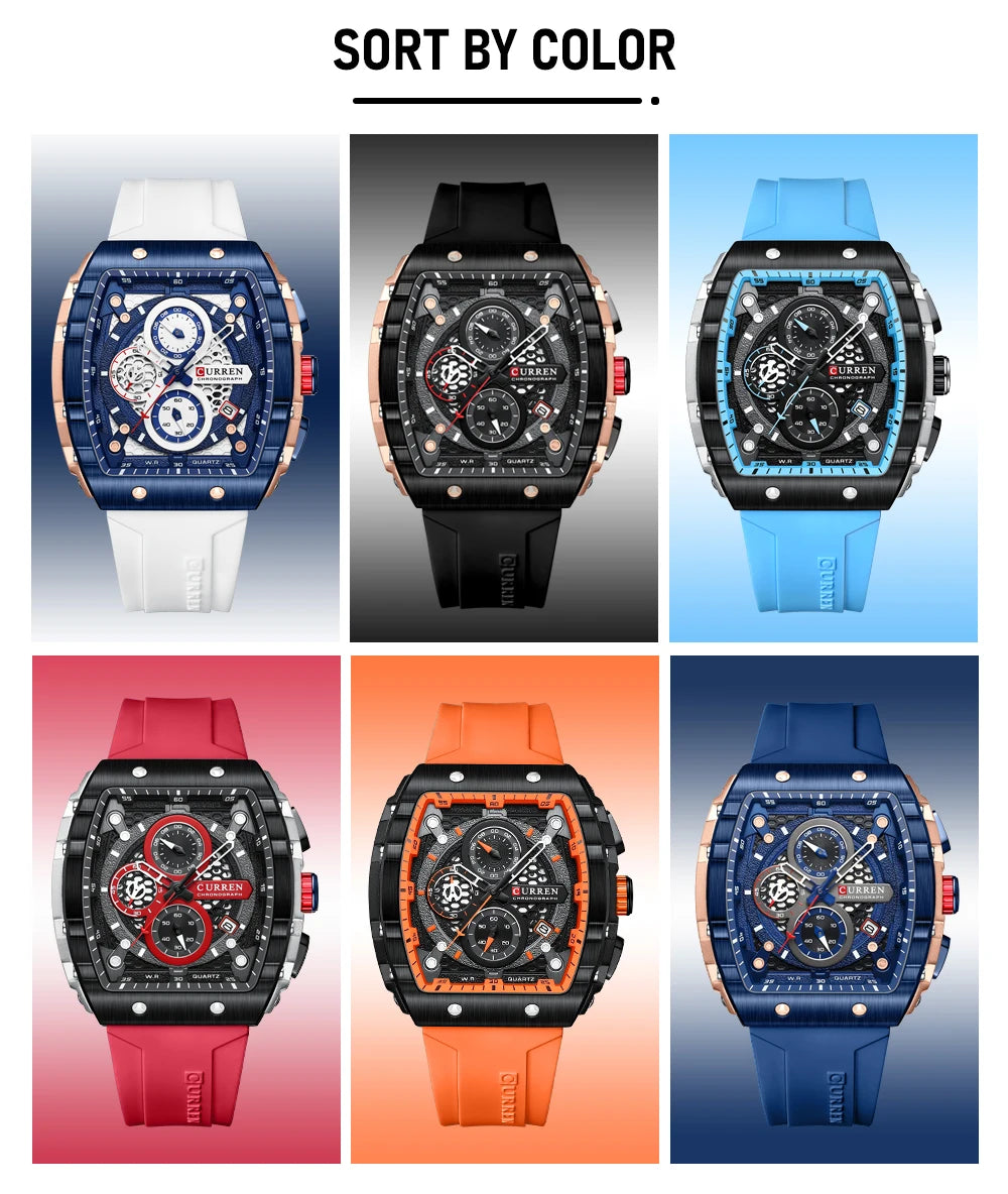 CURREN Sport Chronograph Quartz Watch for Men Fashion Blue Silicone Strap Tonneau Dial Wristwatch with Date 3atm Waterproof