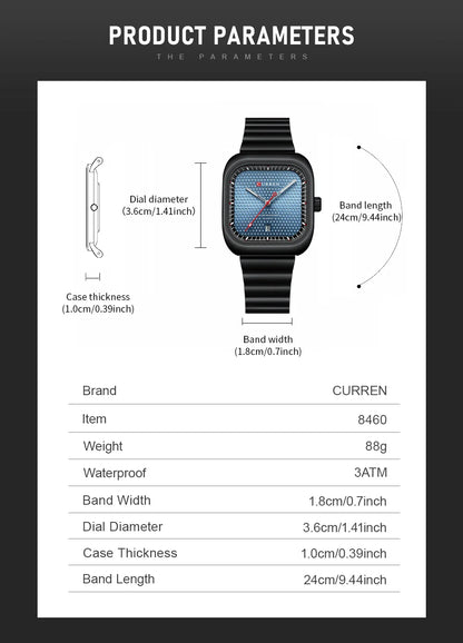 CURREN Simple Business Square Quartz Watches Casual Stainless Steel Bracelet Wristwatch with Auto Date for Men