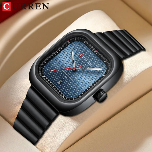 CURREN Simple Business Square Quartz Watches Casual Stainless Steel Bracelet Wristwatch with Auto Date for Men