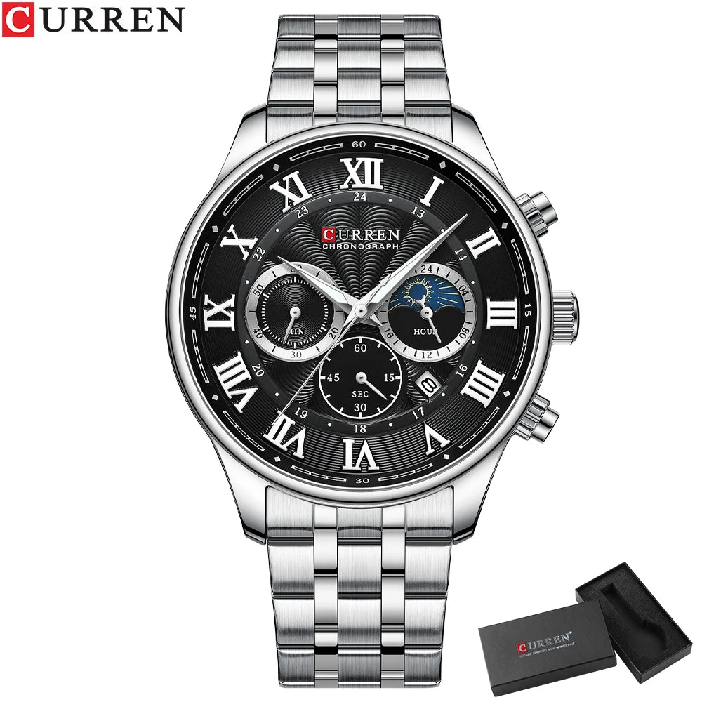 CURREN Fashion Sports Chronograph Wristwatches for Men Stainless Steel Strap Watches with Auto Date