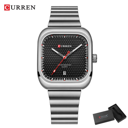 CURREN Simple Business Square Quartz Watches Casual Stainless Steel Bracelet Wristwatch with Auto Date for Men