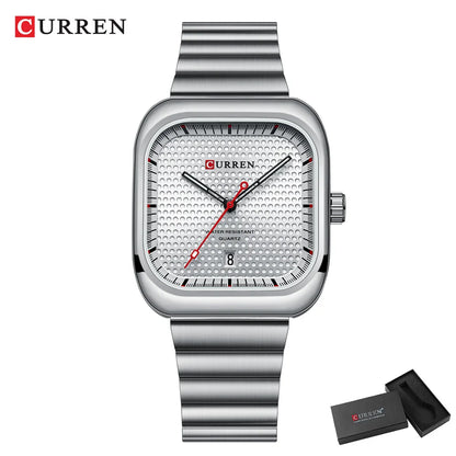 CURREN Simple Business Square Quartz Watches Casual Stainless Steel Bracelet Wristwatch with Auto Date for Men