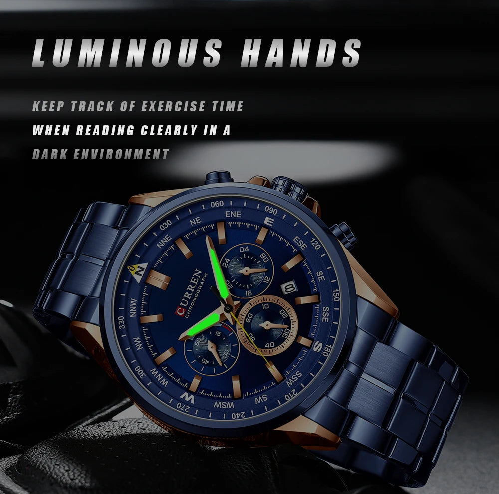 CURREN Luxury Sport Chronograph | Stainless Steel | Luminous Hands