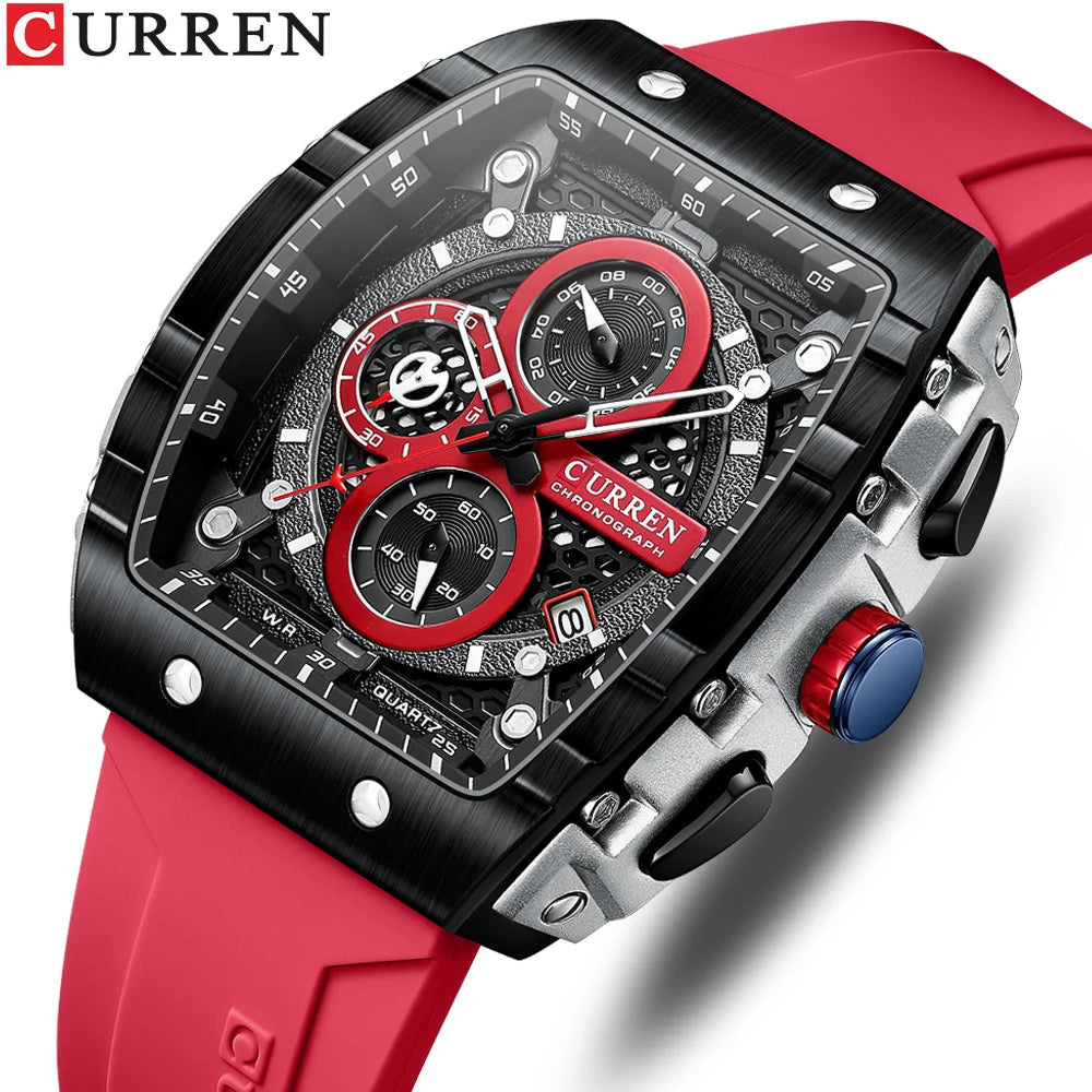 CURREN Sport Chronograph Quartz Watch for Men Fashion Blue Silicone Strap Tonneau Dial Wristwatch with Date 3atm Waterproof