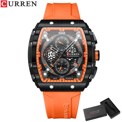 CURREN Sport Chronograph Quartz Watch for Men Fashion Blue Silicone Strap Tonneau Dial Wristwatch with Date 3atm Waterproof