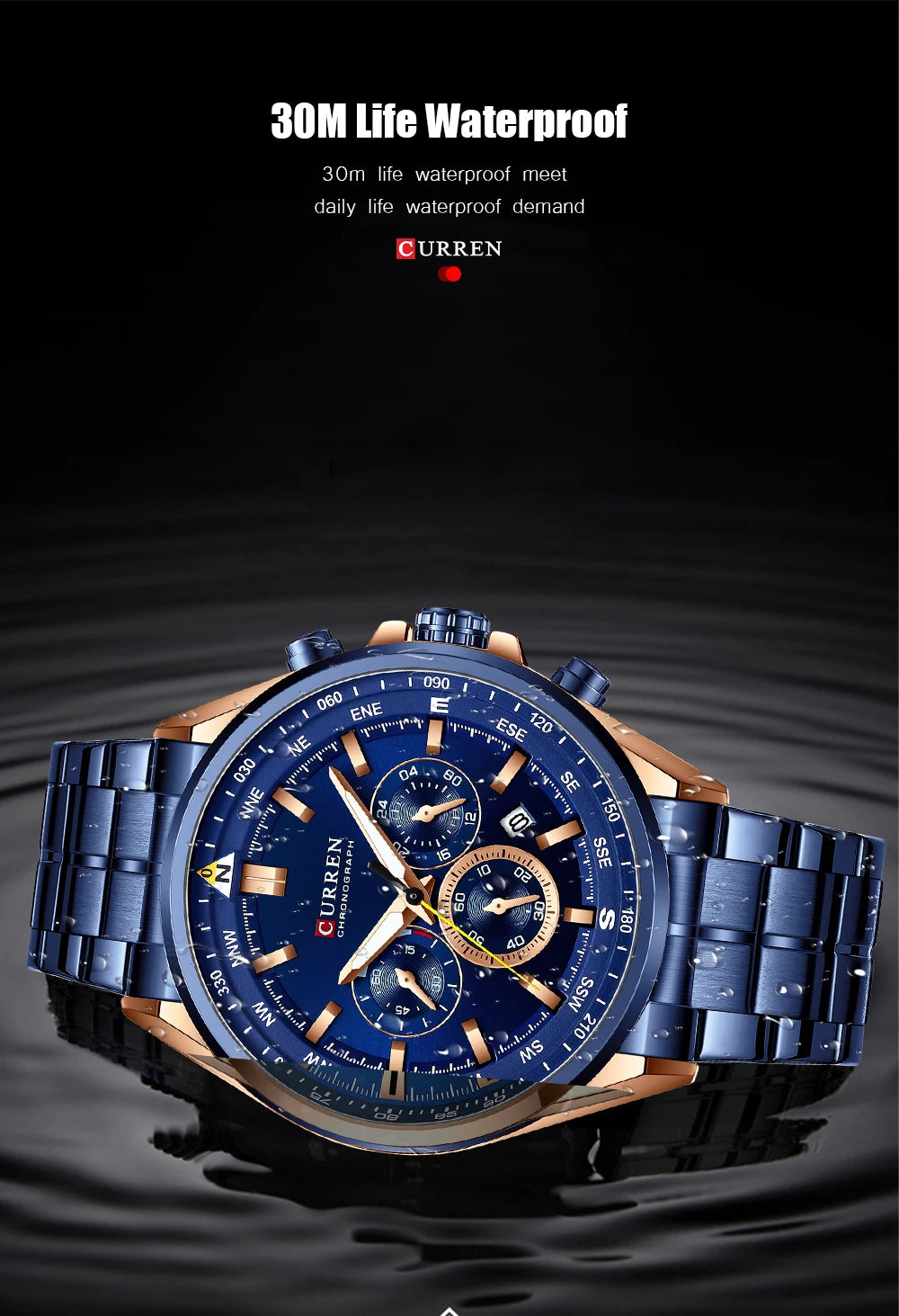 CURREN Luxury Sport Chronograph | Stainless Steel | Luminous Hands