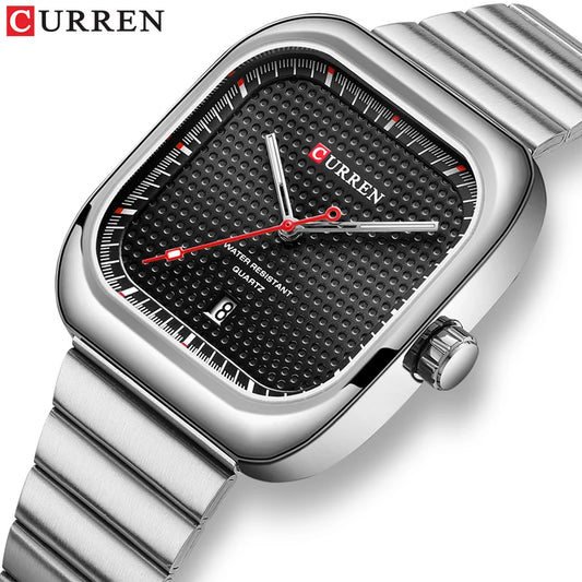 CURREN Fashion Square Men's Business Quartz Watch Stainless Steel Luminous Calendar Clock Male 36MM Large Dial Sports Wristwatch