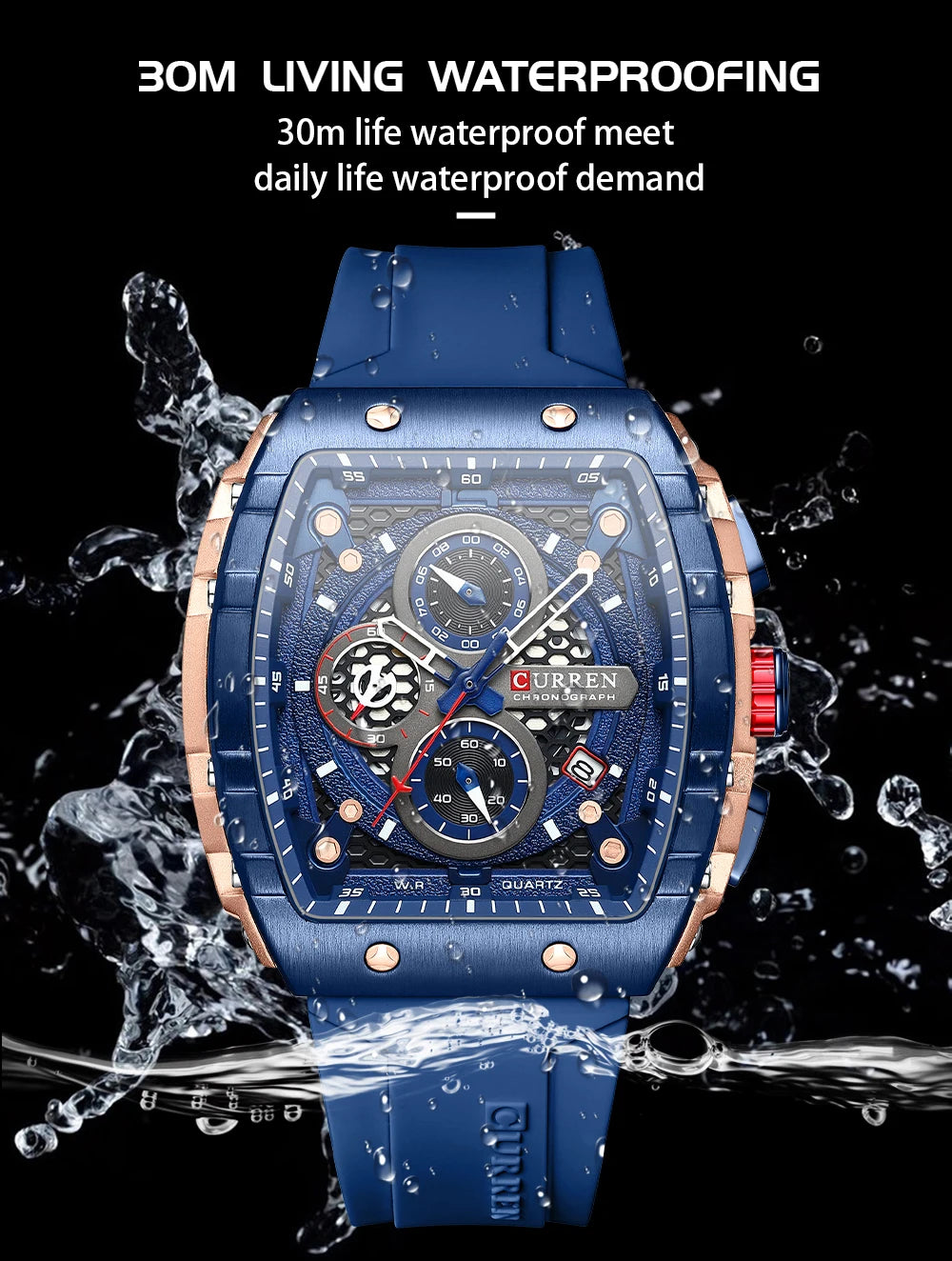 CURREN Sport Chronograph Quartz Watch for Men Fashion Blue Silicone Strap Tonneau Dial Wristwatch with Date 3atm Waterproof