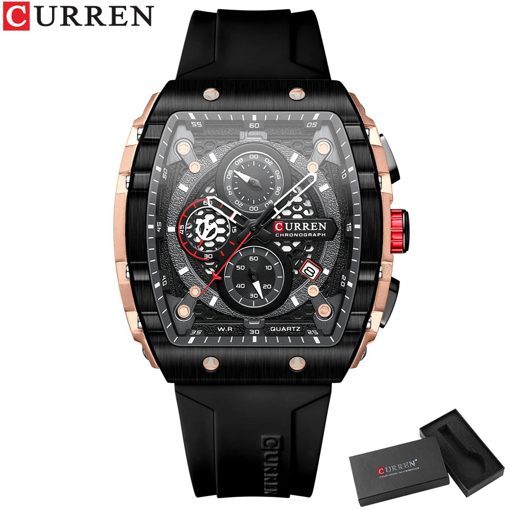 CURREN Sport Chronograph Quartz Watch for Men Fashion Blue Silicone Strap Tonneau Dial Wristwatch with Date 3atm Waterproof