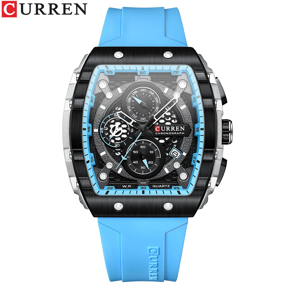 CURREN Sport Chronograph Quartz Watch for Men Fashion Blue Silicone Strap Tonneau Dial Wristwatch with Date 3atm Waterproof