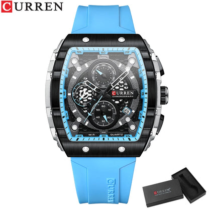 CURREN Sport Chronograph Quartz Watch for Men Fashion Blue Silicone Strap Tonneau Dial Wristwatch with Date 3atm Waterproof