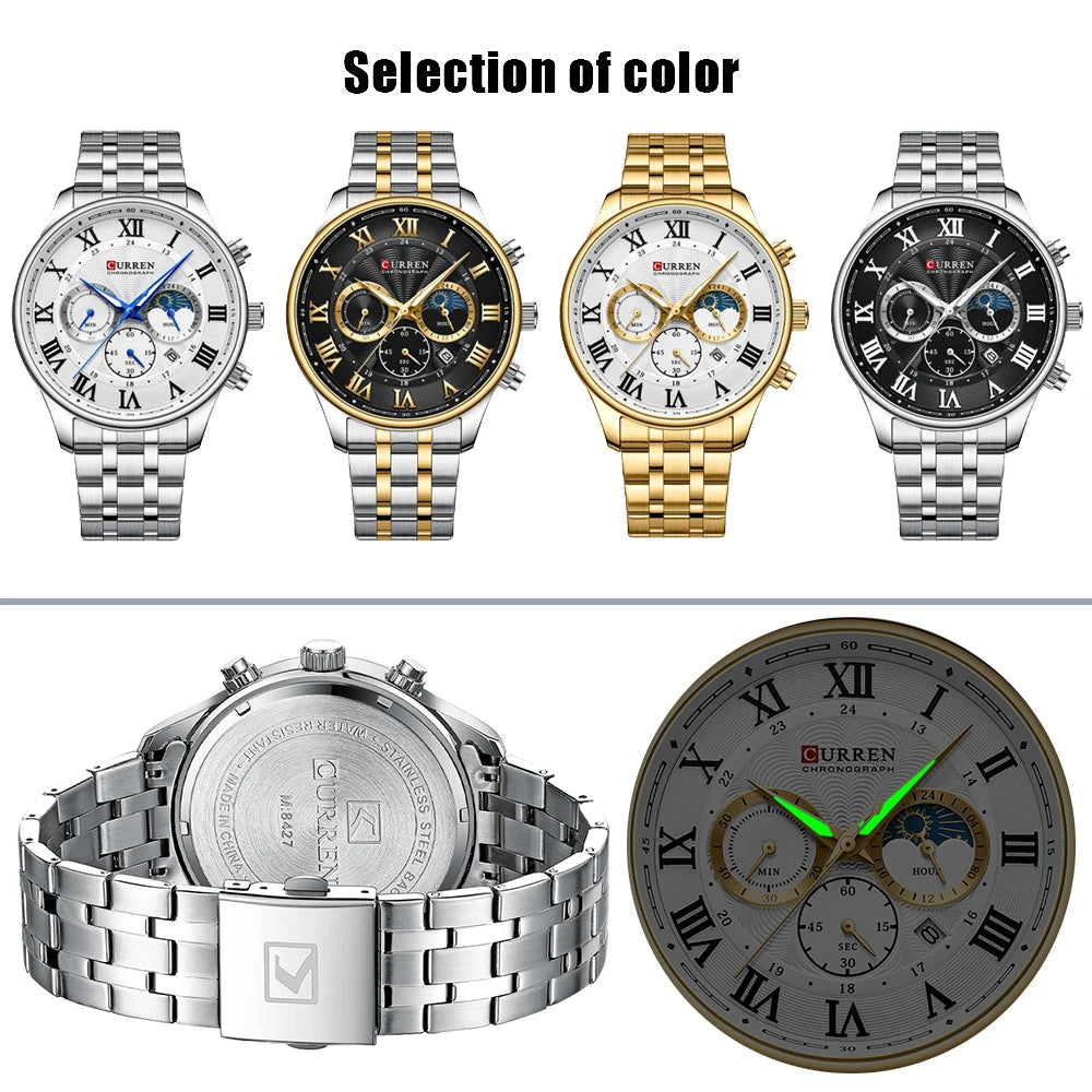 CURREN Casual New Men's Watches with Date Classic Chronograph Stainless Steel Wristwatches with Luminous Hands Male Clock