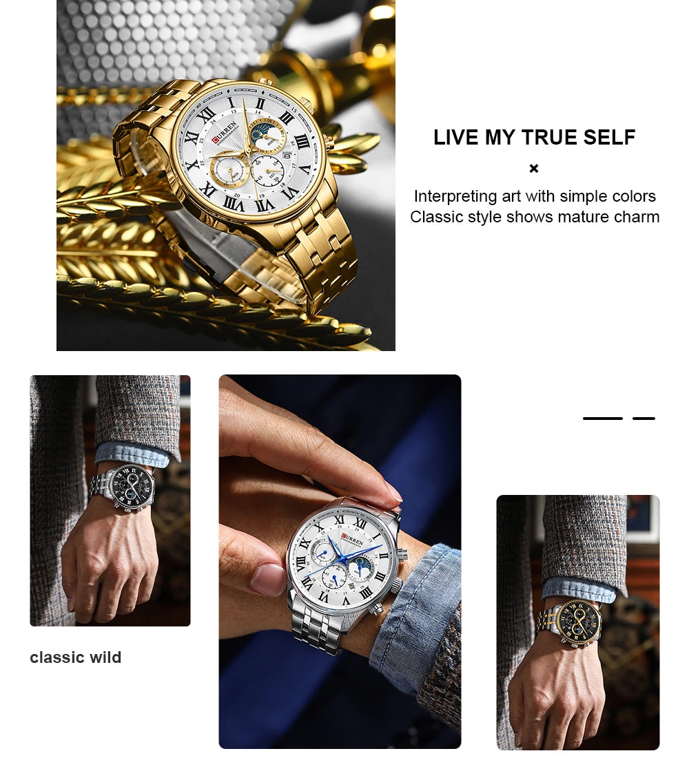 CURREN Casual New Men's Watches with Date Classic Chronograph Stainless Steel Wristwatches with Luminous Hands Male Clock