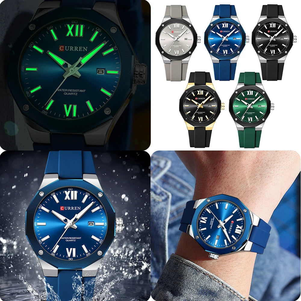 CURREN  Watches For Men  Silicone Strap Sport Quartz Watches Fashion Bracelet  Luxury Wristwatches with Auto Date Waterproof