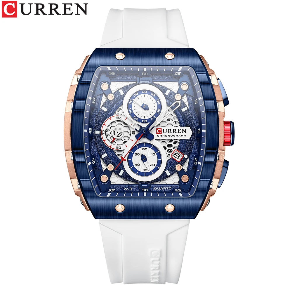 CURREN Sport Chronograph Quartz Watch for Men Fashion Blue Silicone Strap Tonneau Dial Wristwatch with Date 3atm Waterproof