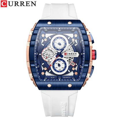 CURREN Sport Chronograph Quartz Watch for Men Fashion Blue Silicone Strap Tonneau Dial Wristwatch with Date 3atm Waterproof